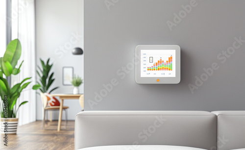 Modern home energy monitor displaying real-time energy use in a minimalist home setting.