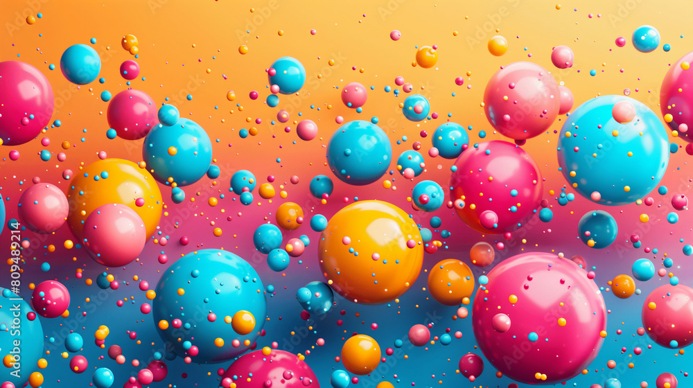banner Abstract background, with 3D blue, turquoise and pink spheres, balls onorange background, background for holiday, birthday, gender party banner Abstract background, with 3D blue, turquoise and pink spheres, balls onorange background, background for holiday, birthday, gender party