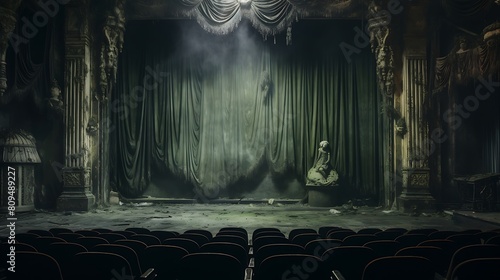 Image of a spectral abandoned theatre, where faded velvet curtains hang like ghosts on silent stages, and whispers of past performances linger in the dusty air. photo