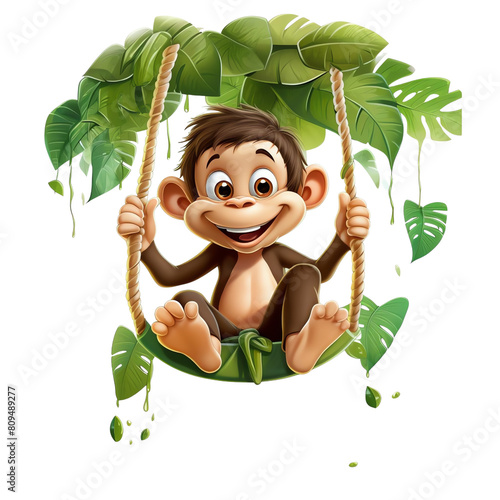 A cute monkey is swinging on a vine in the jungle. The monkey is smiling and looks happy. photo