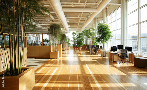 Office designed with sustainable architecture features such as bamboo flooring  LED lighting  and ergonomic furniture made from recycled materials. 