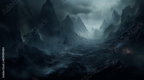 Image of a spectral fog-covered mountain  where ethereal mists swirl around jagged peaks  creating an otherworldly landscape bathed in mystery and intrigue.