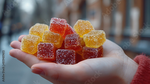 Holding medical hemp gummy candy edibles on a white background (ID: 809489613)