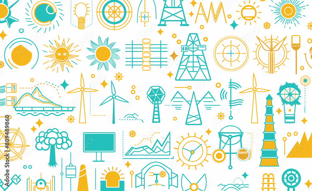 Graphic image with icons representing renewable energy sources like solar panels, wind turbines, and hydropower against a plain, light background. 