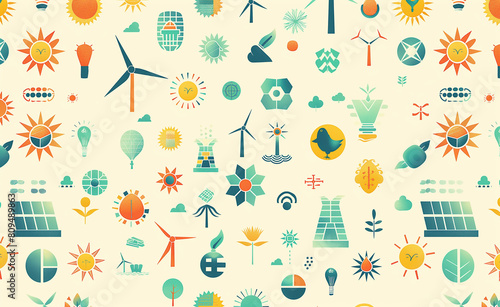 Graphic image with icons representing renewable energy sources like solar panels, wind turbines, and hydropower against a plain, light background. 