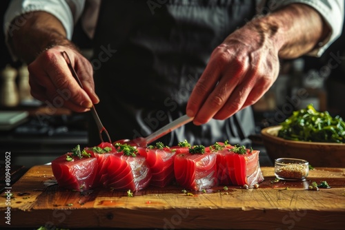 Culinary master expertly marinating fresh tuna for cooking, demonstrating expertise and precision in flavor development.