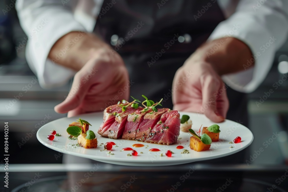 Expert master chef presenting a beautifully plated tuna steak, symbolizing culinary excellence and fine dining sophistication.