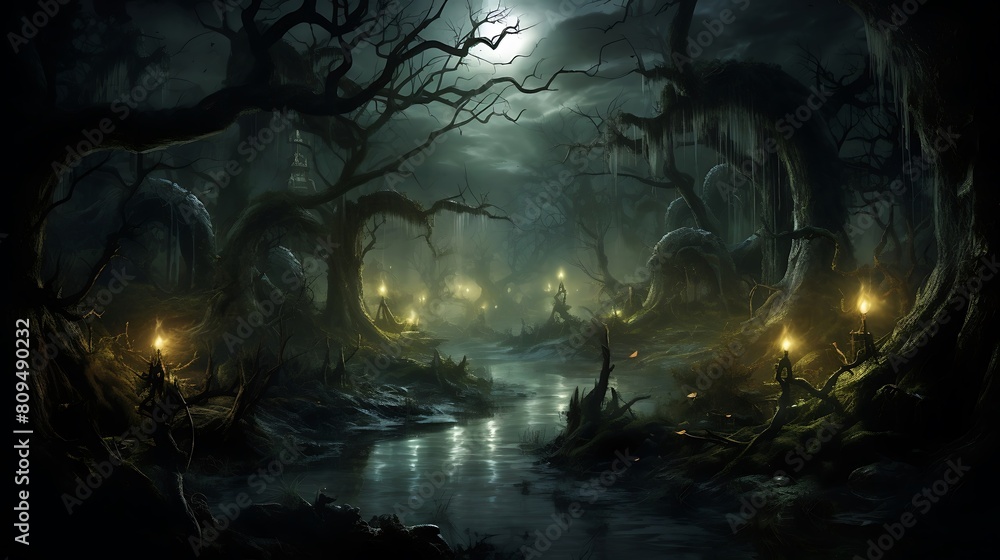 Image of a spectral moonlit swamp, where wisps of fog dance above dark waters, and twisted trees cast eerie shadows beneath the glow of the full moon. Image of a spectral moonlit swamp, where wisps of fog dance above dark waters, and twisted trees cast eerie shadows beneath the glow of the full moon.