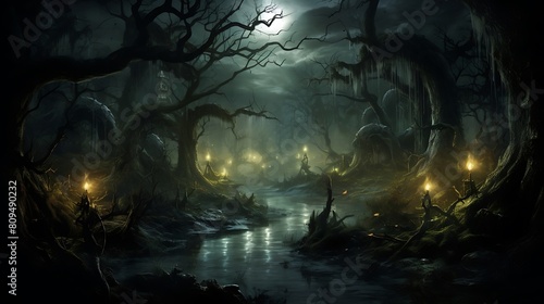 Image of a spectral moonlit swamp, where wisps of fog dance above dark waters, and twisted trees cast eerie shadows beneath the glow of the full moon.