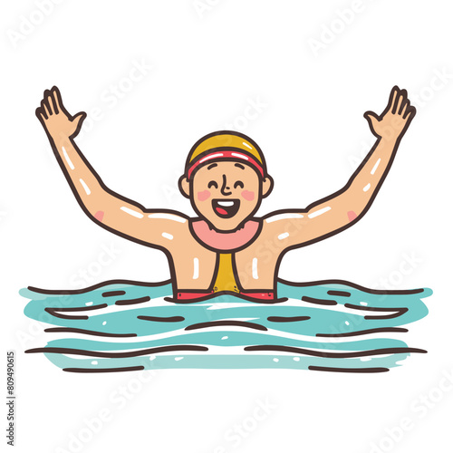 Happy swimmer cheering water, smiling person swimming, hand raised victory. Young male athlete enjoying swimming, sports swimwear headband, waves around joyful swimmer. Enthusiastic swimmer