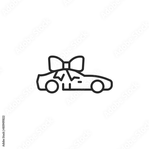 Icon depicting a new car adorned with a decorative bow, symbolizing a vehicle as a generous gift or a major purchase celebration. Ideal for automotive sales, special life events. Vector illustration