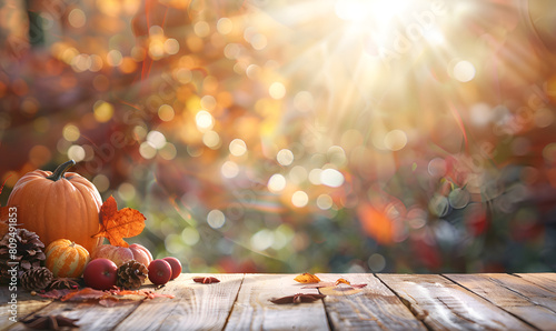 Autumn background with pumpkins and leaves on wooden floor Thanksgiving background theme