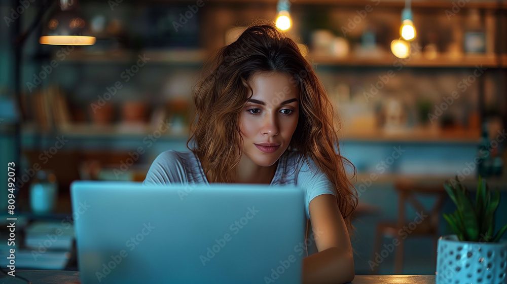 Woman delves into her work, diligently crafting a new project on her laptop Woman delves into her work, diligently crafting a new project on her laptop