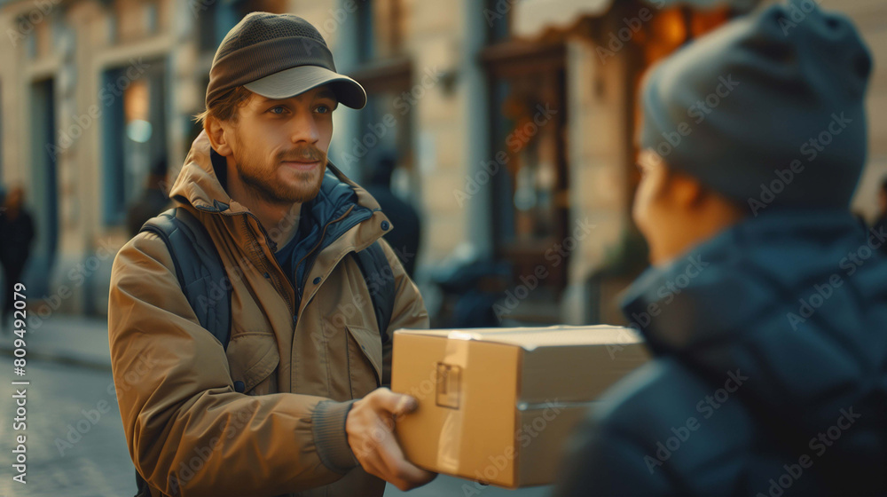Courteous demeanor, the delivery personnel extends the package, embodying professionalism Courteous demeanor, the delivery personnel extends the package, embodying professionalism