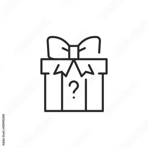 Mystery gift box icon featuring a wrapped present with a question mark, symbolizing surprise, curiosity, and the joy of giving. Suitable for various celebrations, events. Vector illustration