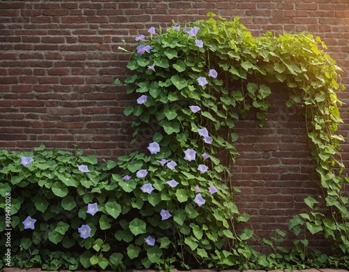 A morning glory outline climbing a trellis against a garden wall.
 photo