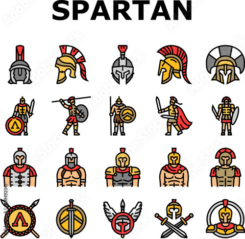 spartan warrior helmet roman icons set vector. soldier sparta, battle armor, gladiator head, greek ancient, knight spartan warrior helmet roman color line illustrations