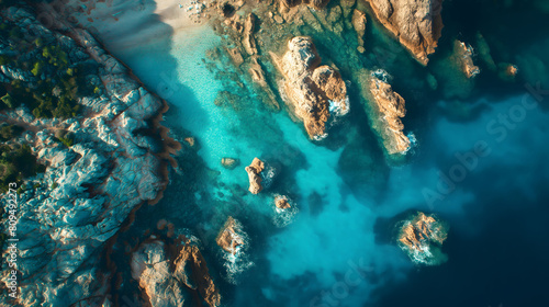 Aerial view of a rugged coastline featuring rocky cliffs and patches of greenery, meeting the clear turquoise waters of the ocean, creating a stunning natural contrast