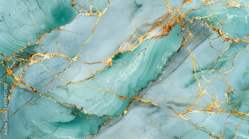 Lustrous emerald sky blue marble background with opulent golden lines ideal for a luxurious stone effect