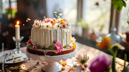 Birthday cake decorated with candles and flowers on the festive table. Selective focus