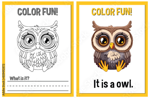 Coloring and educational activity with cute owl photo