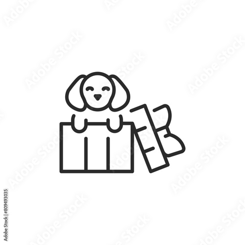  Icon depicting an adorable puppy peeking out from an opened gift box, symbolizing a pet as a special surprise or a loving gesture of pet adoption. Ideal for use in heartfelt gift. Vector illustration