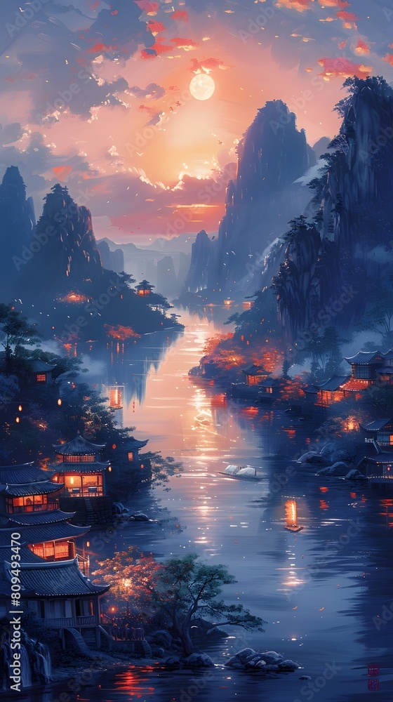 Night view of ancient Chinese village and river at night with full moon Night view of ancient Chinese village and river at night with full moon