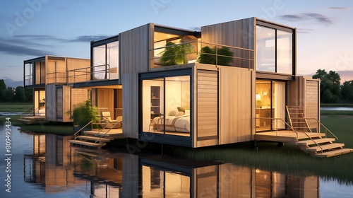 Scene of a Cutting-Edge Modular Housing Complex, Where Sleek Design Meets Sustainable Innovation photo