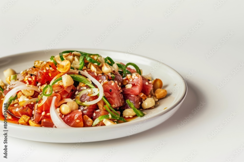 Ahi Poke with Tuna, Ginger, and Ogo Seaweed on White Plate Ahi Poke with Tuna, Ginger, and Ogo Seaweed on White Plate