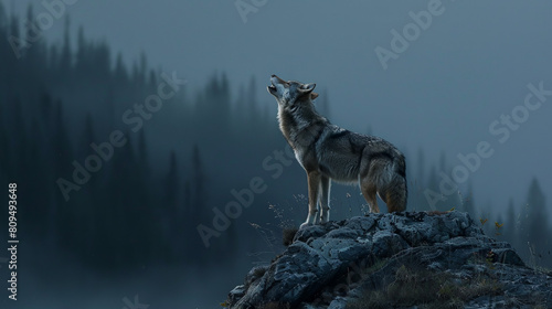 A lone wolf with ears perked, howling in the moonlit clearing from the cliff's edge
