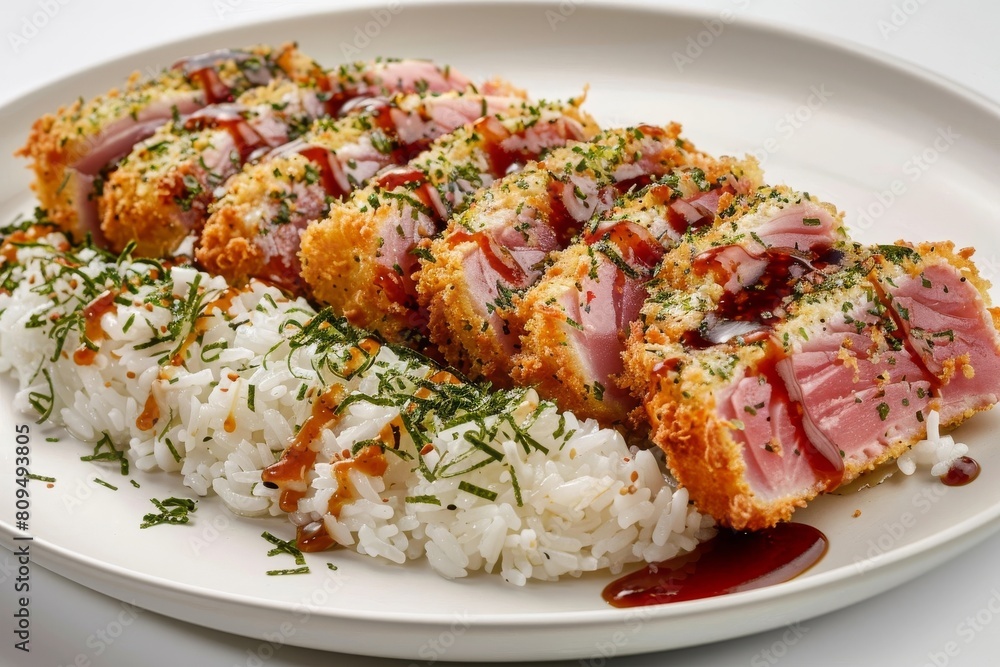 Artfully Arranged Ahi Katsu with Panko Breadcrumbs and Teriyaki Drizzle Artfully Arranged Ahi Katsu with Panko Breadcrumbs and Teriyaki Drizzle