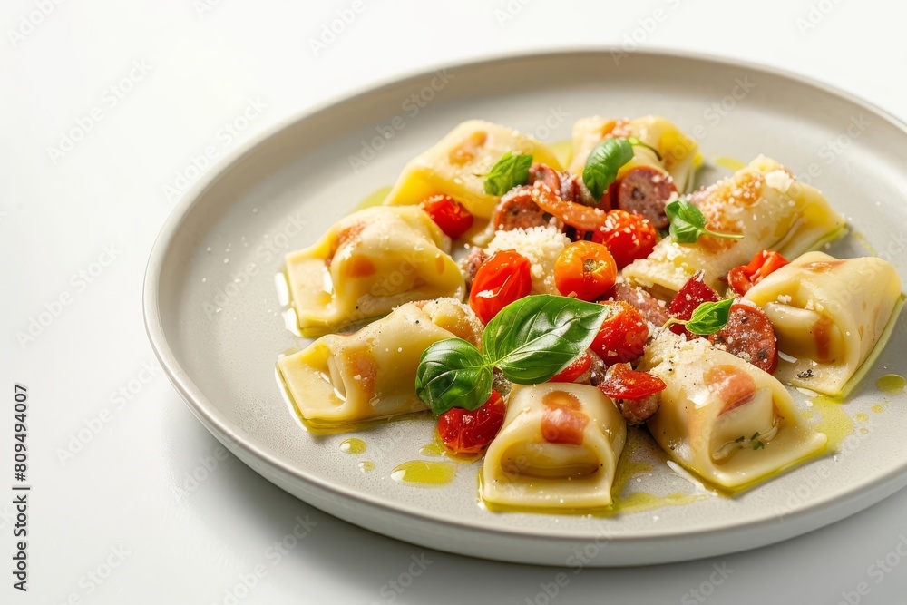 Satisfying Agnolotti with Sausage and Ricotta Filling and Burst Cherry Tomato & Pancetta Sauce