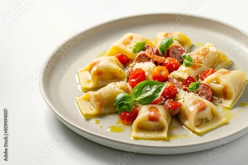 Satisfying Agnolotti with Sausage and Ricotta Filling and Burst Cherry Tomato & Pancetta Sauce