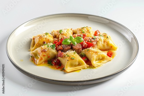 Savory Agnolotti with Sausage and Ricotta Filling and Burst Cherry Tomato & Pancetta Sauce