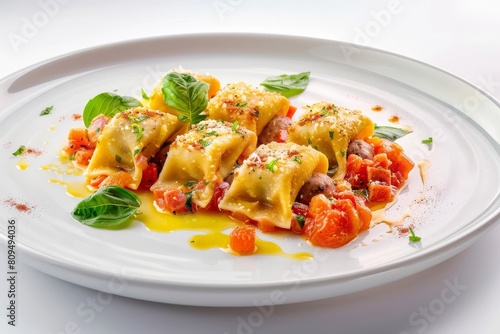 Gourmet Italian Agnolotti with Sausage and Ricotta Filling and Burst Cherry Tomato & Pancetta Sauce