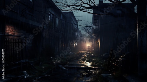 Scene of a Dark Alleyway in an Urban Noir Setting, Where Flickering Streetlights Cast Long Shadows and Mysterious Figures Lurk in the Shadows photo