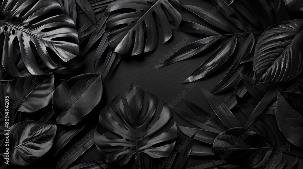 Black tropical leaf creative layout border frame dark paper background . Room for text, copy. Black Friday poster template. Unusual artistic luxurious cosmetics concept Black tropical leaf creative layout border frame dark paper background . Room for text, copy. Black Friday poster template. Unusual artistic luxurious cosmetics concept