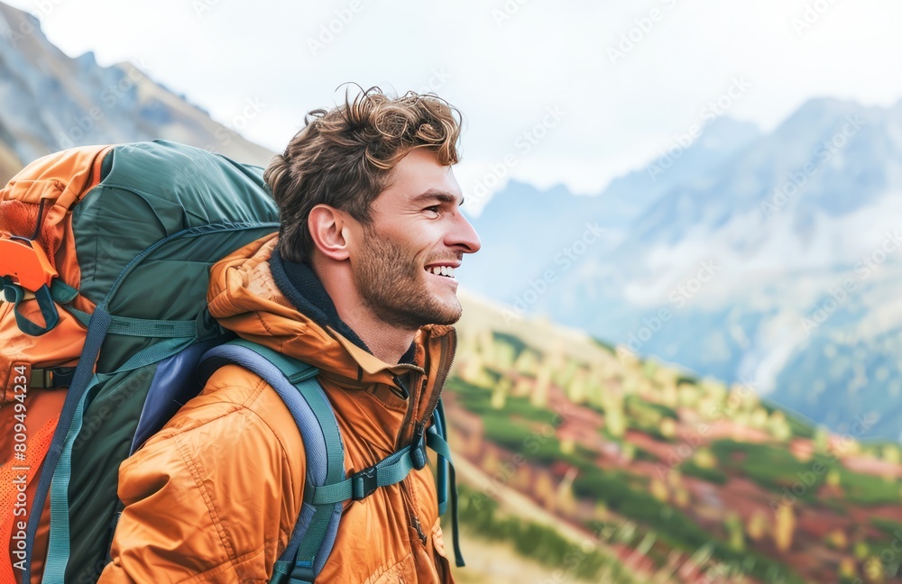 Smiling Young Male Hiker Enjoying the Scenic Mountain View During a Sunny Day