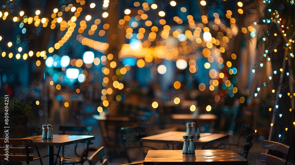 Blurred background of restaurant with abstract bokeh light. Lights decoration Party Event Festival Holiday blur background. outdoor string lights.