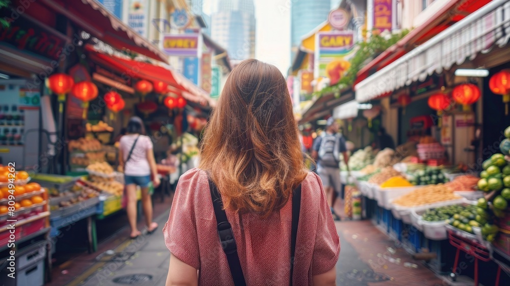 rearview of Young solo traveler woman in Singapore street market
