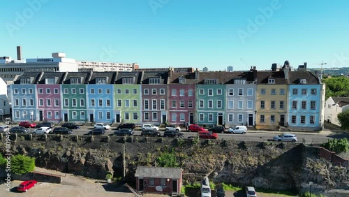 Drone view of the colorful townhouses overlooking Bristol's harborside in Redcliffe Parade West, UK photo
