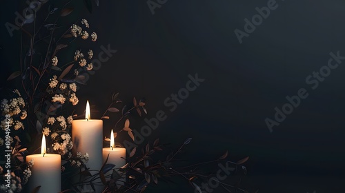 Burning candles and flowers on black background with space for text. Funeral concept. photo