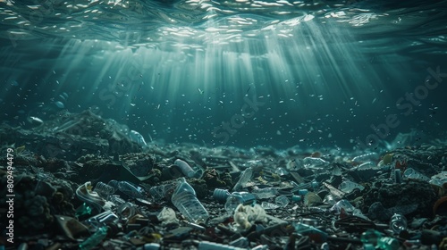 Underwater pollution  ocean bed littered with debris