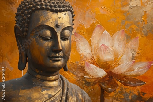 Glowing Lotus flowers and gold Buddha statue, Buddha with lotus shades, AI-generated © Tanu