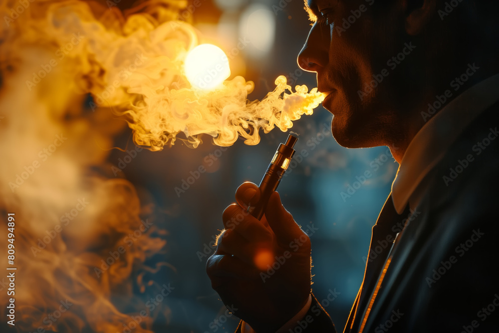 Fototapeta premium Close-up Man smoking an electronic cigarette in the dark
