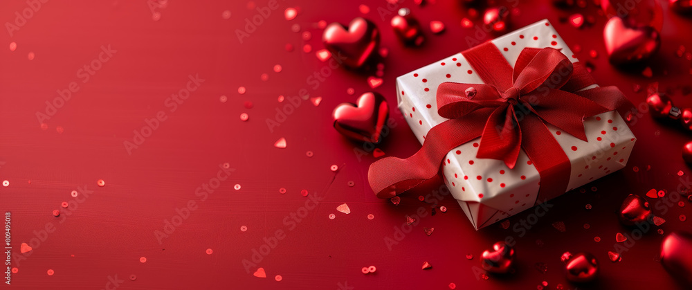 A gift box adorned with a vibrant red bow placed against a matching red background. The box is central, with the bow neatly tied on top, creating a striking contrast against the monochromatic backdrop A gift box adorned with a vibrant red bow placed against a matching red background. The box is central, with the bow neatly tied on top, creating a striking contrast against the monochromatic backdrop