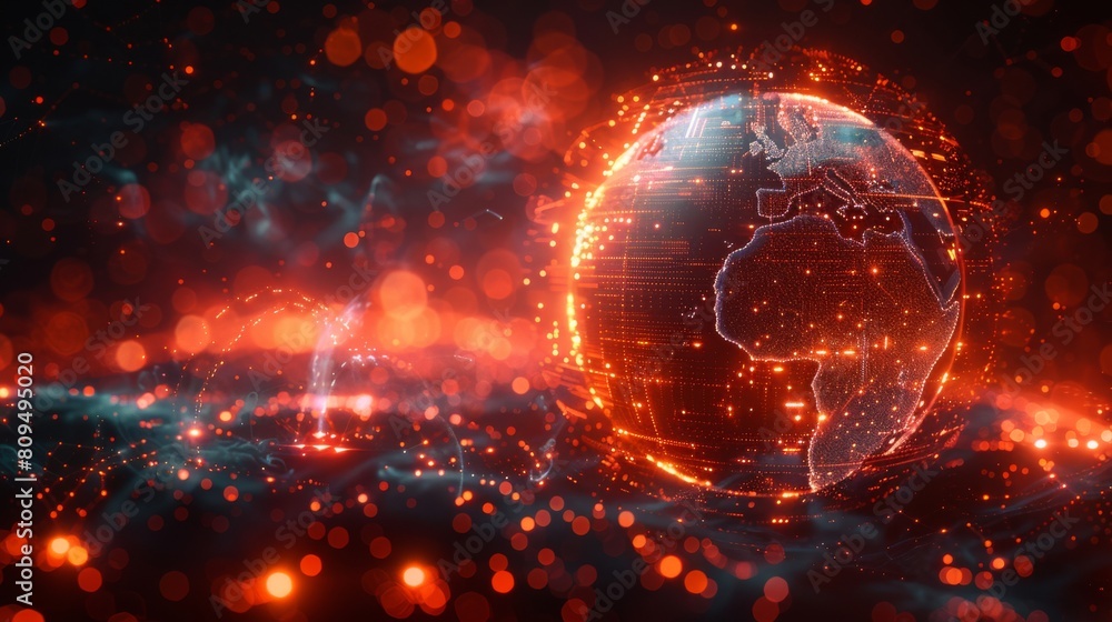 Illustrate a globe surrounded networks and nodes powered quantum computing, in a digital art style Illustrate a globe surrounded networks and nodes powered quantum computing, in a digital art style
