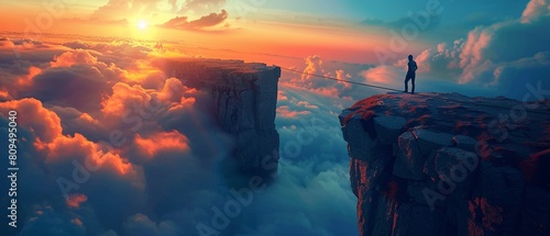 Symbolizing challenge and bravery, a silhouetted figure walks a tightrope between two high cliffs above the clouds