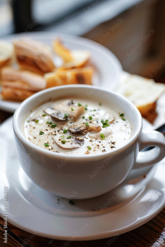 Savory Cream of Mushroom Soup Served With Fresh Bread and Ingredients Savory Cream of Mushroom Soup Served With Fresh Bread and Ingredients