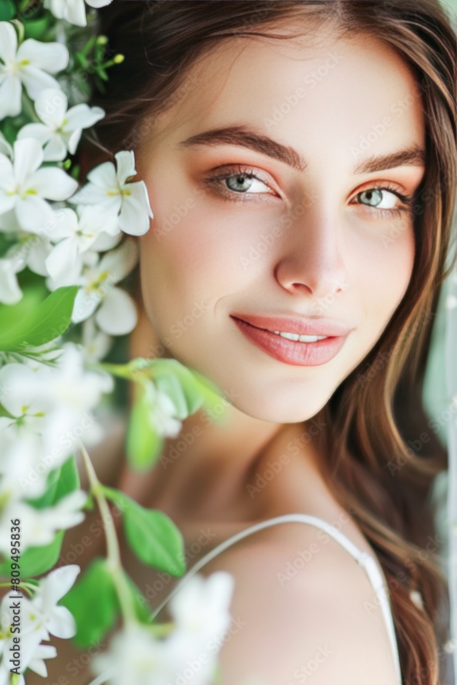 Radiant Young Woman Smiling Under Green Leaves in Daylight